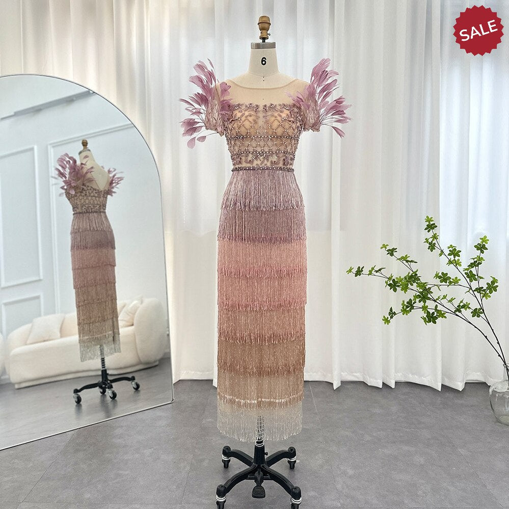 Luxury Feathers Tassel Lilac Dubai Evening Dresses for Women Wedding Party Arab Ankle Length Midi Formal Gowns SS379