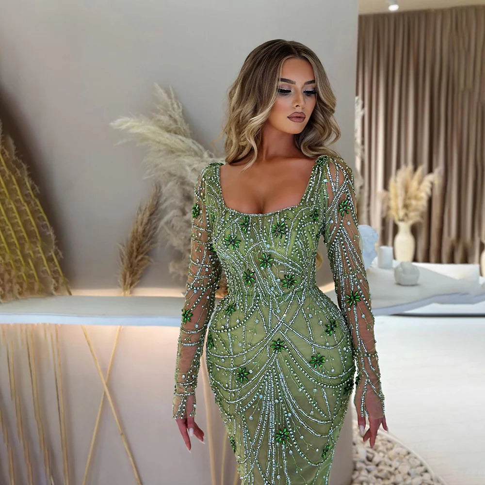 Luxury Green Long Sleeves Square Neck Evening Dress SS163