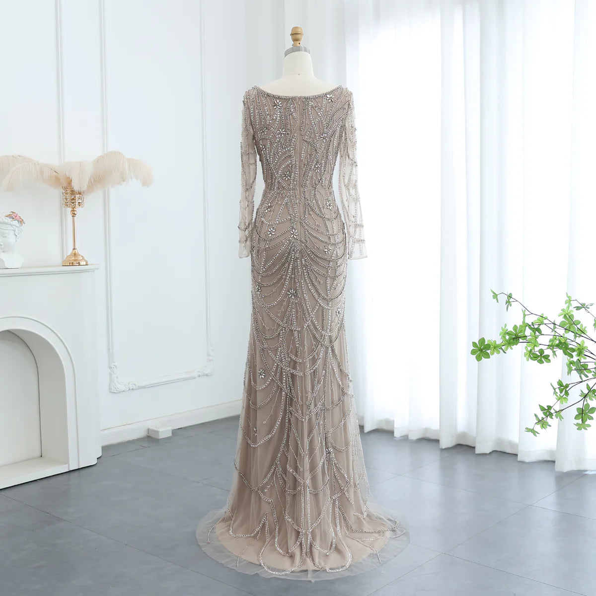 Luxury Green Long Sleeves Square Neck Evening Dress SS163