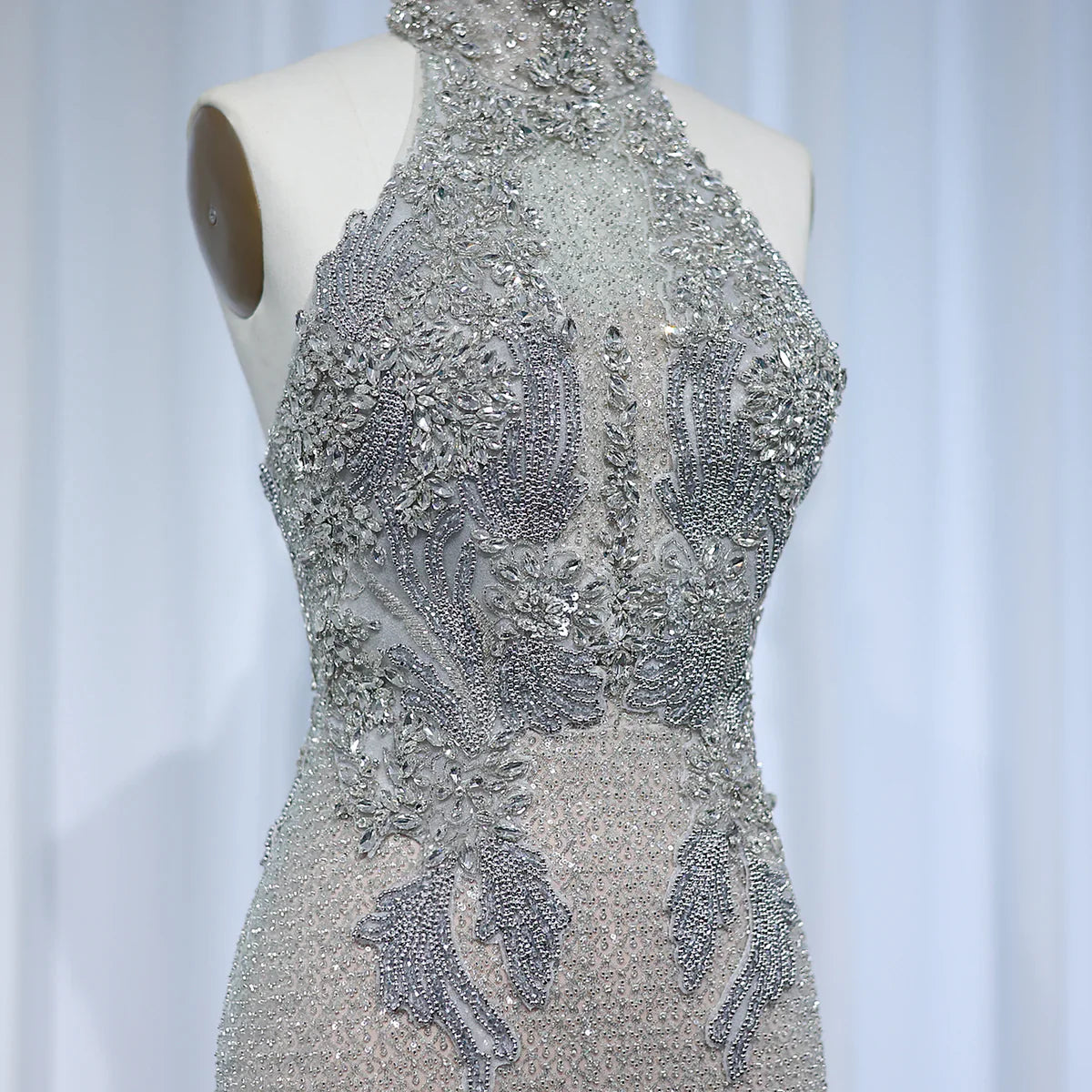 Luxury Halter Silver Nude Beaded Evening Dress SS408