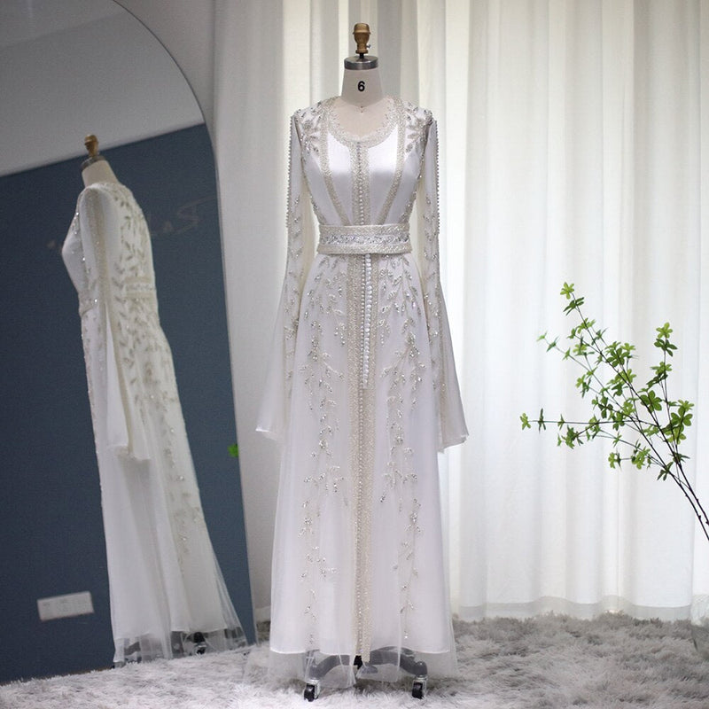 Luxury Kaftan Arabic Moroccan Dubai Abaya Evening Dresses Muslim Long Sleeve Women Wedding Party Gowns Ivory Formal Party Dress SS439