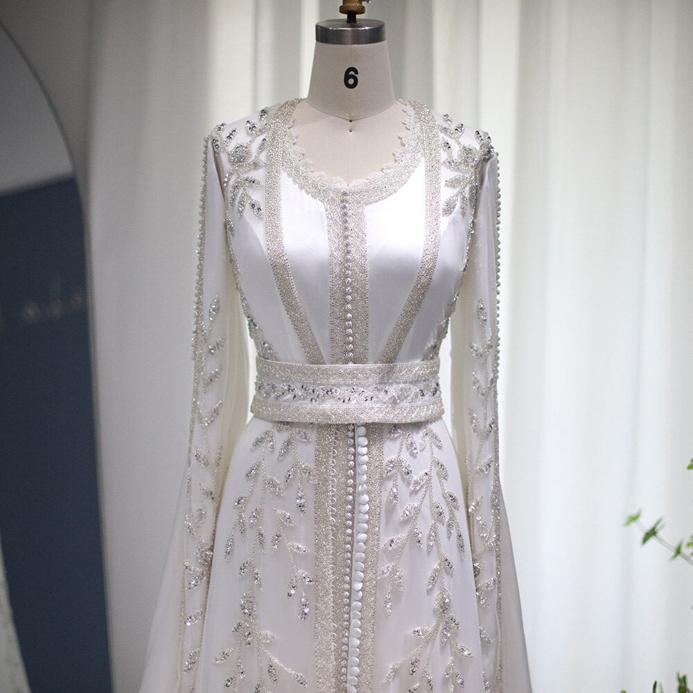 Luxury Kaftan Arabic Moroccan Dubai Abaya Evening Dresses Muslim Long Sleeve Women Wedding Party Gowns Ivory Formal Party Dress SS439
