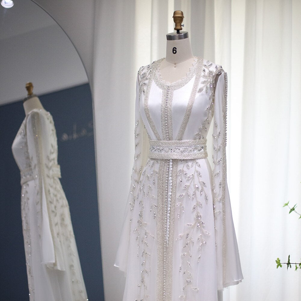 Luxury Kaftan Arabic Moroccan Dubai Abaya Evening Dresses Muslim Long Sleeve Women Wedding Party Gowns Ivory Formal Party Dress SS439