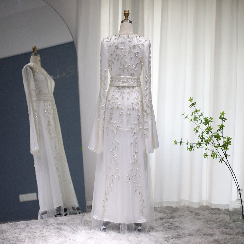 Luxury Kaftan Arabic Moroccan Dubai Abaya Evening Dresses Muslim Long Sleeve Women Wedding Party Gowns Ivory Formal Party Dress SS439