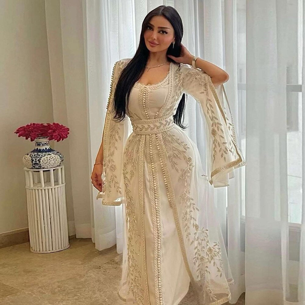 Luxury Kaftan Arabic Moroccan Dubai Abaya Evening Dresses Muslim Long Sleeve Women Wedding Party Gowns Ivory Formal Party Dress SS439