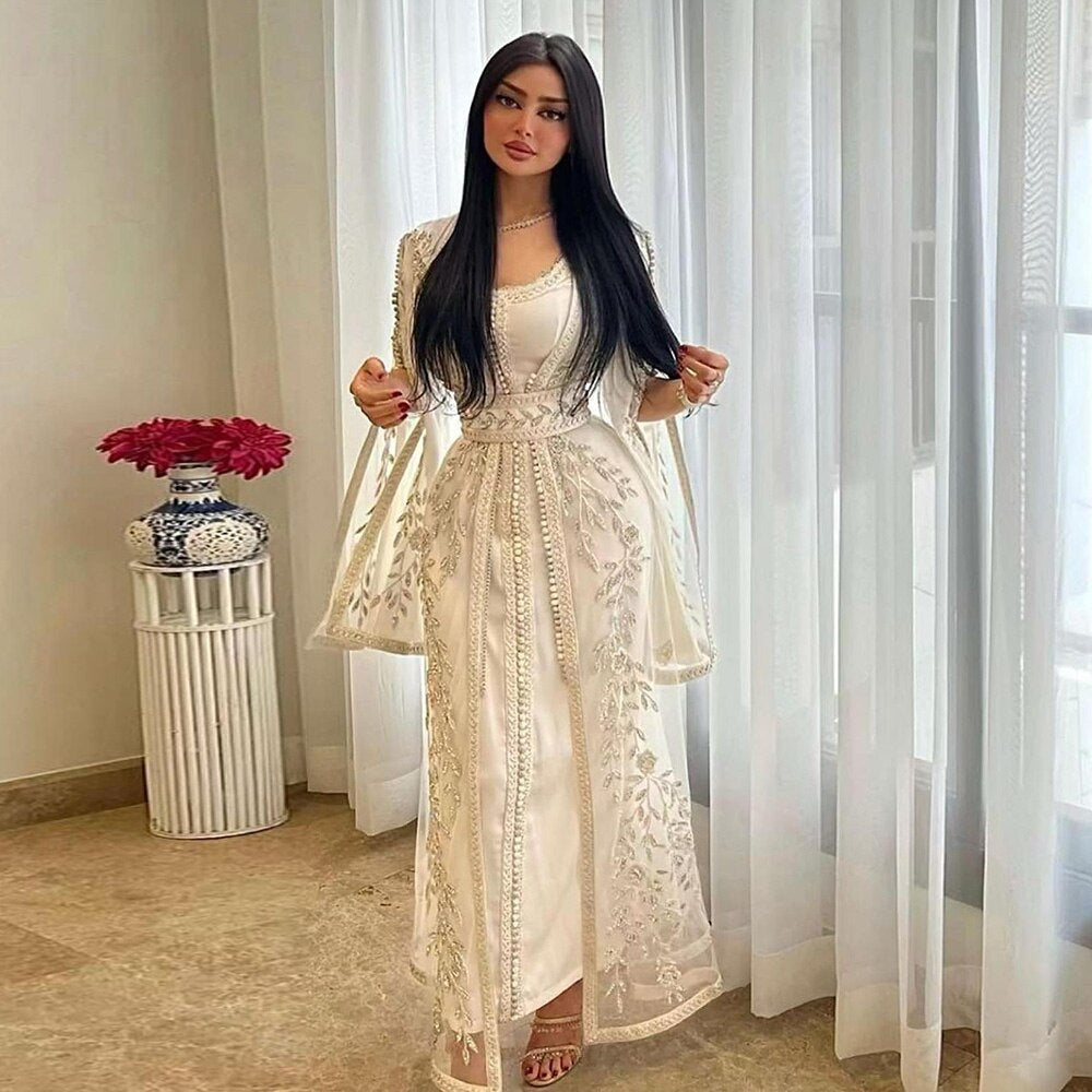 Luxury Kaftan Arabic Moroccan Dubai Abaya Evening Dresses Muslim Long Sleeve Women Wedding Party Gowns Ivory Formal Party Dress SS439