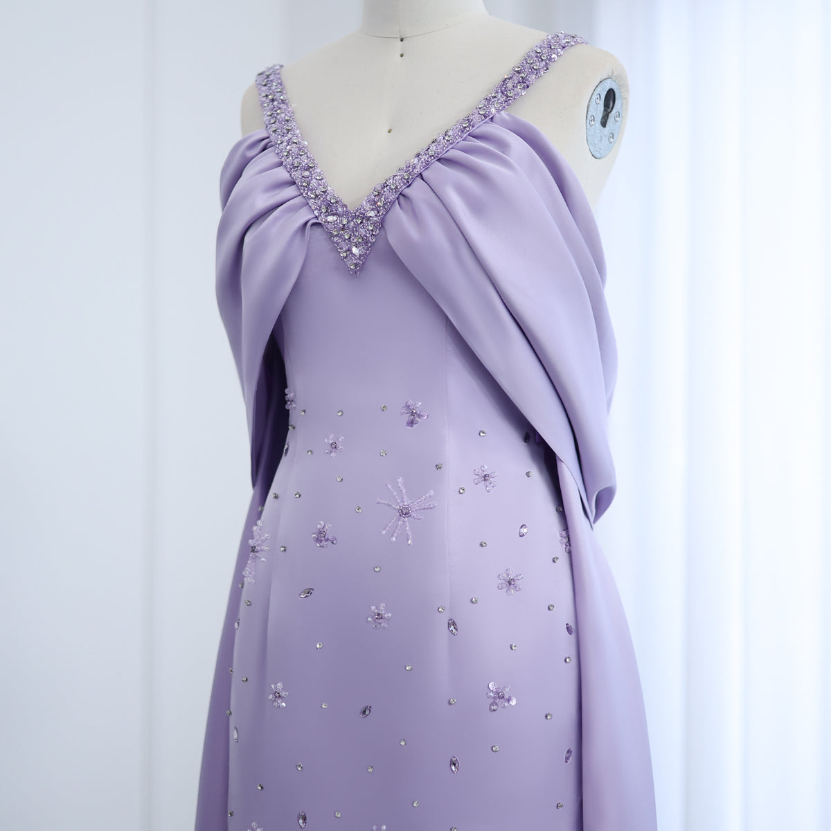 Luxury Lilac Beaded Off Shoulder Evening Dress with Cape SS341