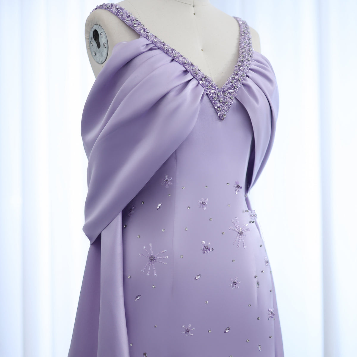 Luxury Lilac Beaded Off Shoulder Evening Dress with Cape SS341