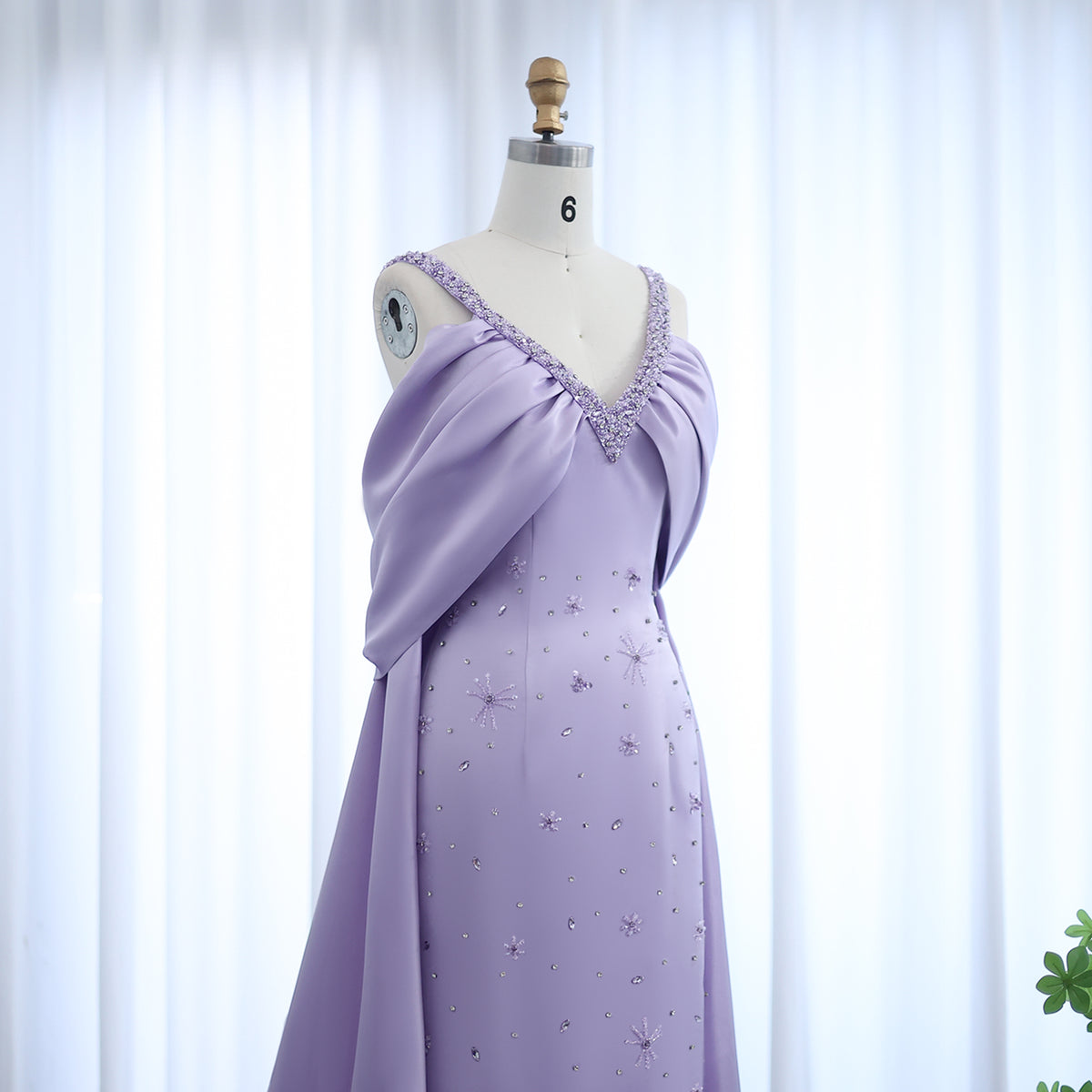 Luxury Lilac Beaded Off Shoulder Evening Dress with Cape SS341