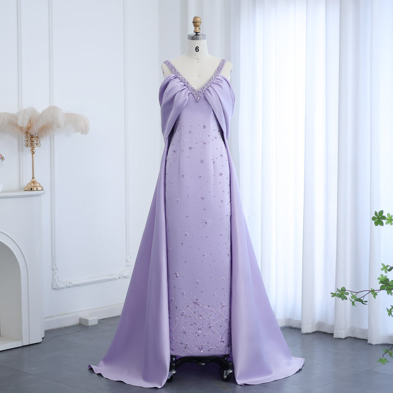Luxury Lilac Beaded Off Shoulder Evening Dress with Cape SS341