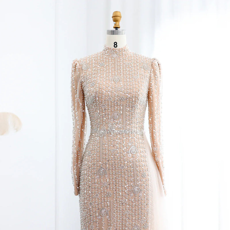 Luxury Long Sleeve Nude Evening Dress with Overskirt SS105