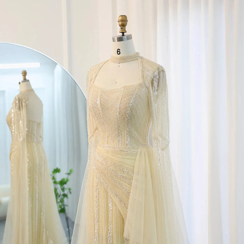 Luxury Mermaid Dusty Pink Evening Dress with Cape Sleeves Slit Elegant Yellow Blue Women Wedding Party Gowns SS003