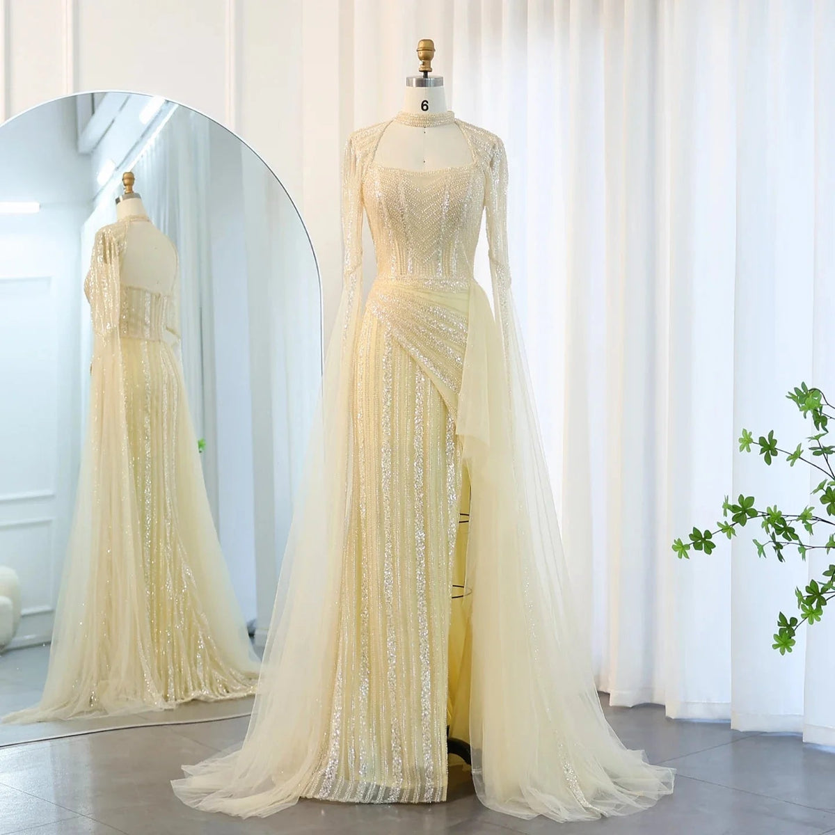 Luxury Mermaid Dusty Pink Evening Dress with Cape Sleeves Slit Elegant Yellow Blue Women Wedding Party Gowns SS003