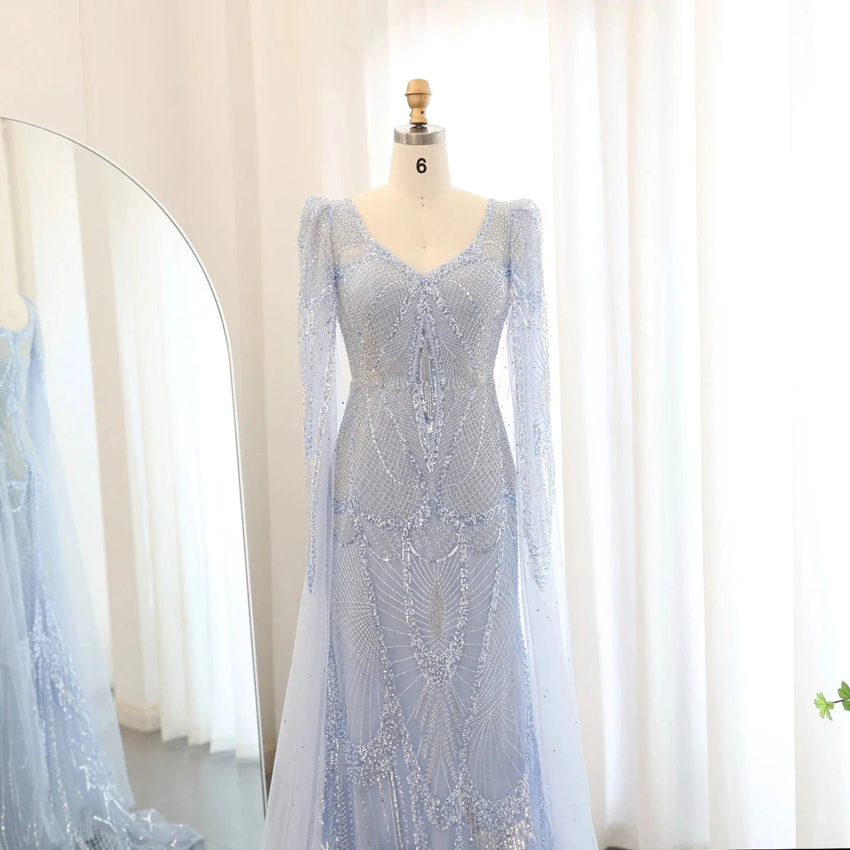 Luxury Mermaid Light Blue Evening Dresses with Cape Sleeves Elegant Plus Size Women Wedding Guest Party Gowns SS157