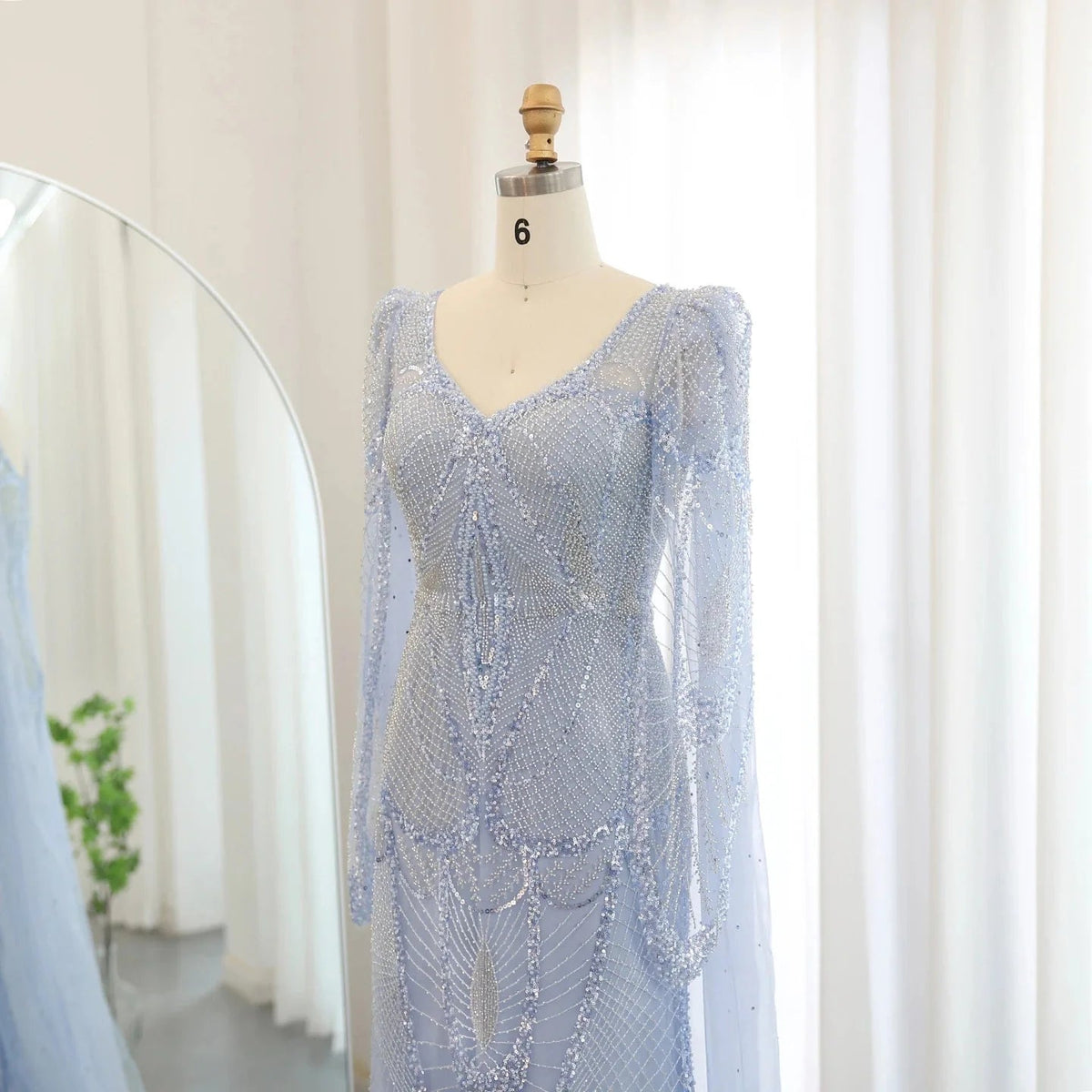 Luxury Mermaid Light Blue Evening Dresses with Cape Sleeves Elegant Plus Size Women Wedding Guest Party Gowns SS157