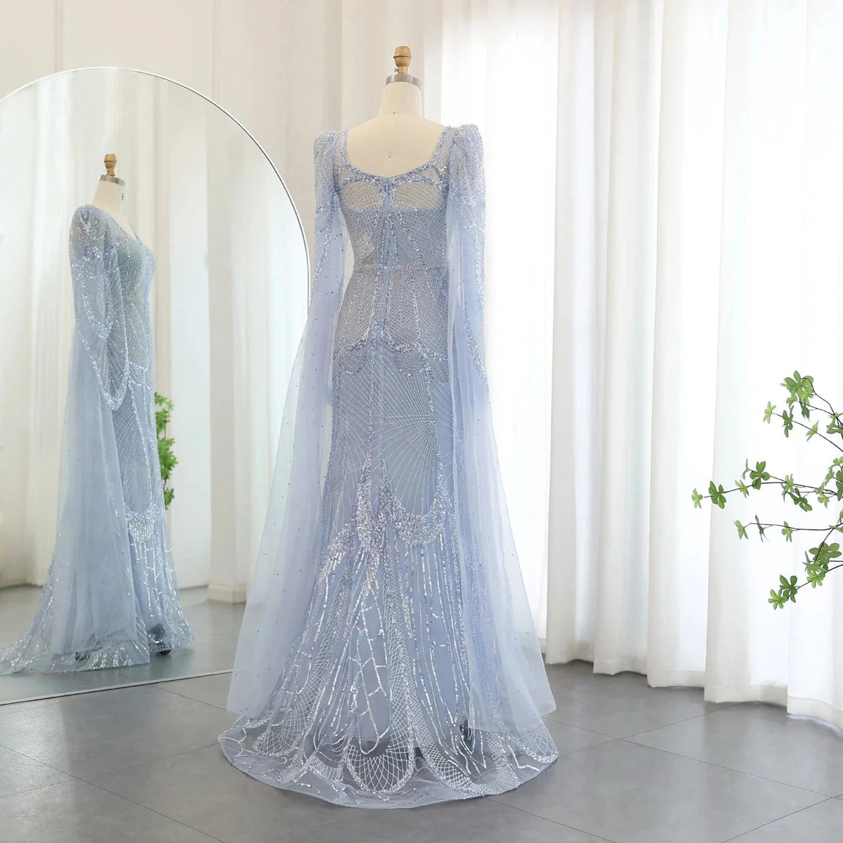 Luxury Mermaid Light Blue Evening Dresses with Cape Sleeves Elegant Plus Size Women Wedding Guest Party Gowns SS157