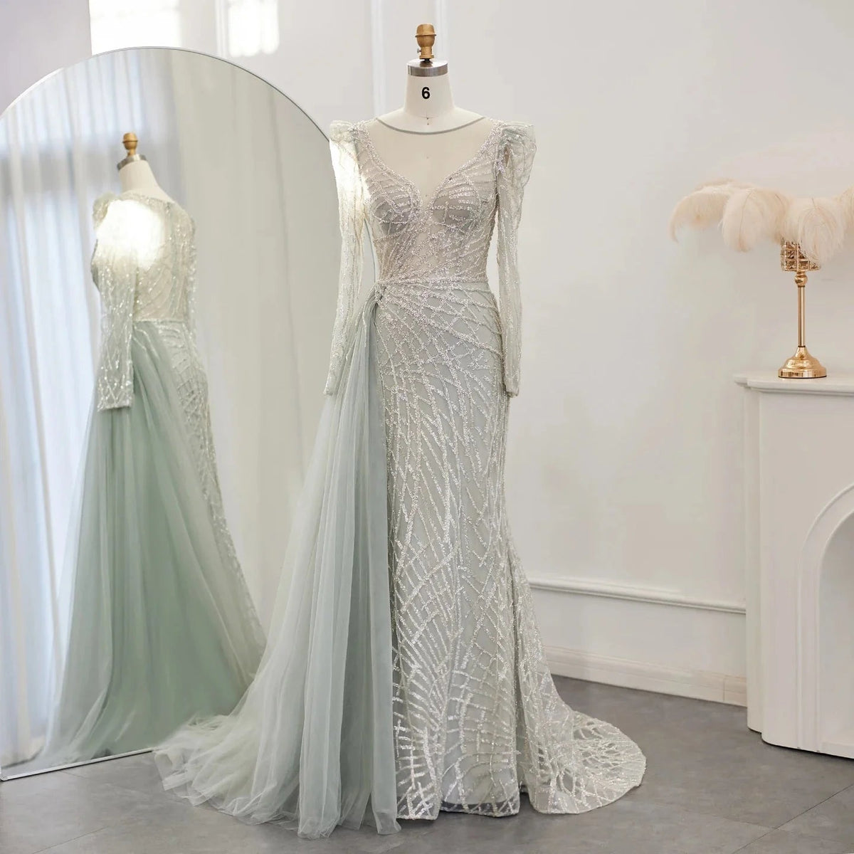 Luxury Muslim Gold Mermaid Beaded Dubai Evening Dresses with Overskirt 2024 Plus Size Women Wedding Party Gown SS048