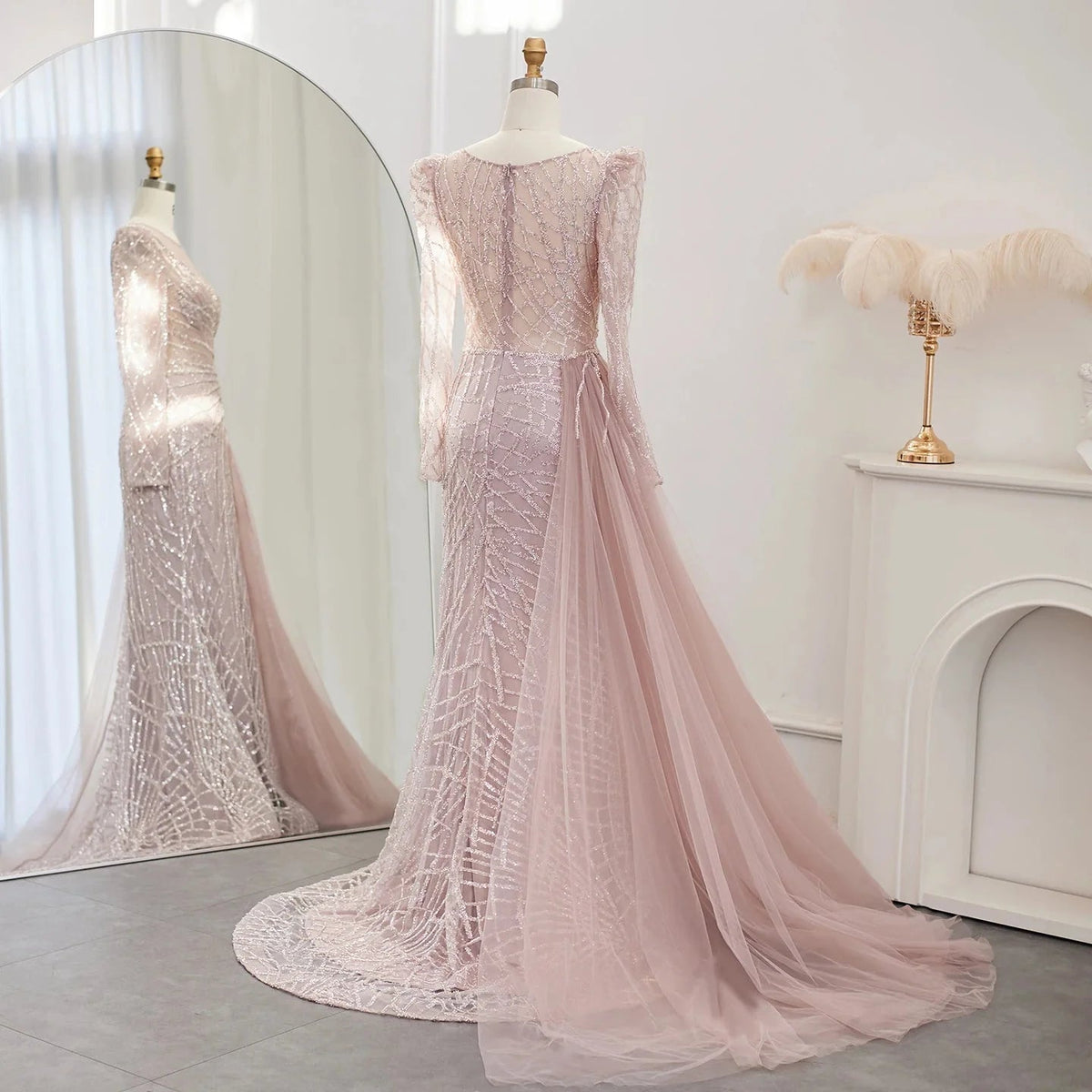 Luxury Muslim Gold Mermaid Beaded Dubai Evening Dresses with Overskirt 2024 Plus Size Women Wedding Party Gown SS048