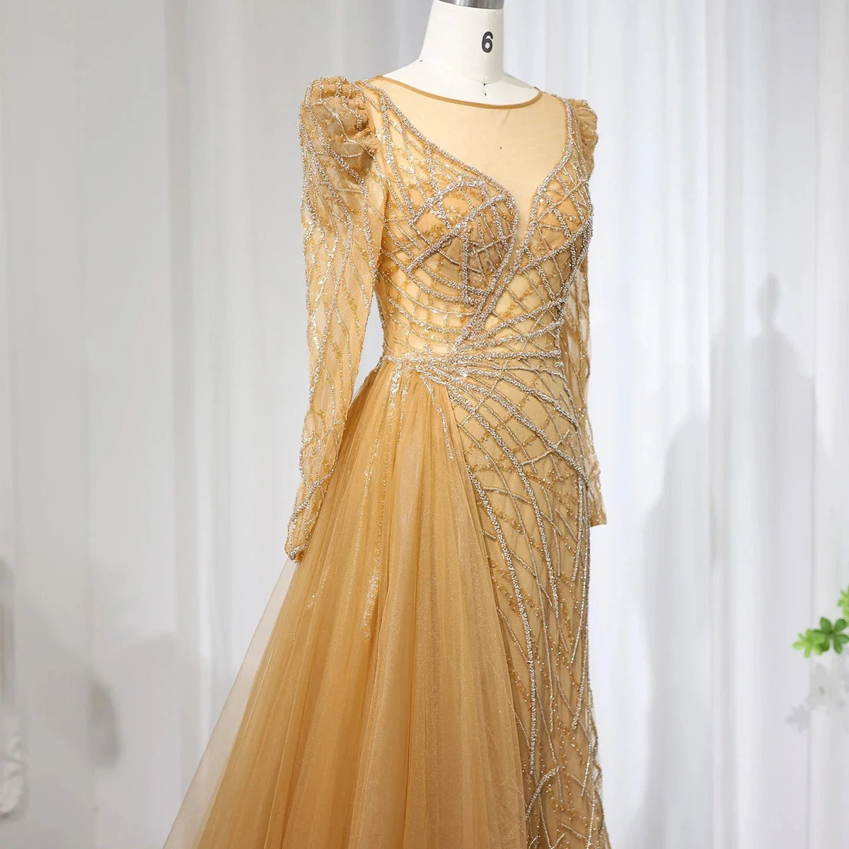 Luxury Muslim Gold Mermaid Beaded Dubai Evening Dresses with Overskirt 2024 Plus Size Women Wedding Party Gown SS048