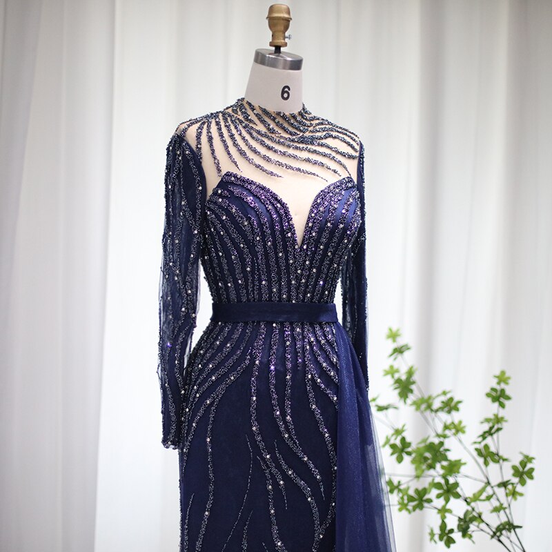 Luxury Navy Blue Mermaid Dubai Evening Dress with Detachable Skirt Long Sleeve Arabic Formal Gowns for Women Wedding Party SS526