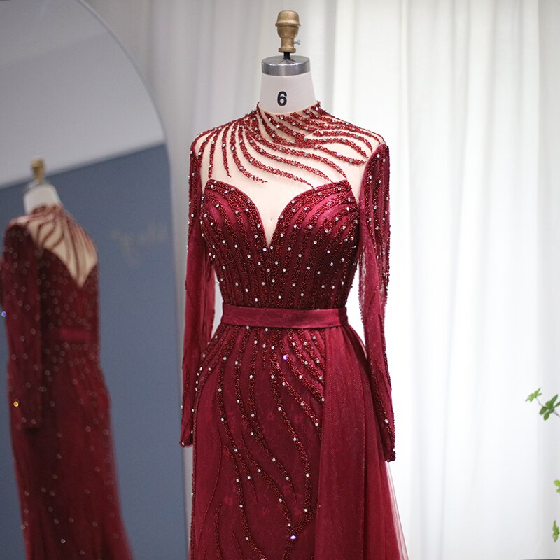 Luxury Navy Blue Mermaid Dubai Evening Dress with Detachable Skirt Long Sleeve Arabic Formal Gowns for Women Wedding Party SS526