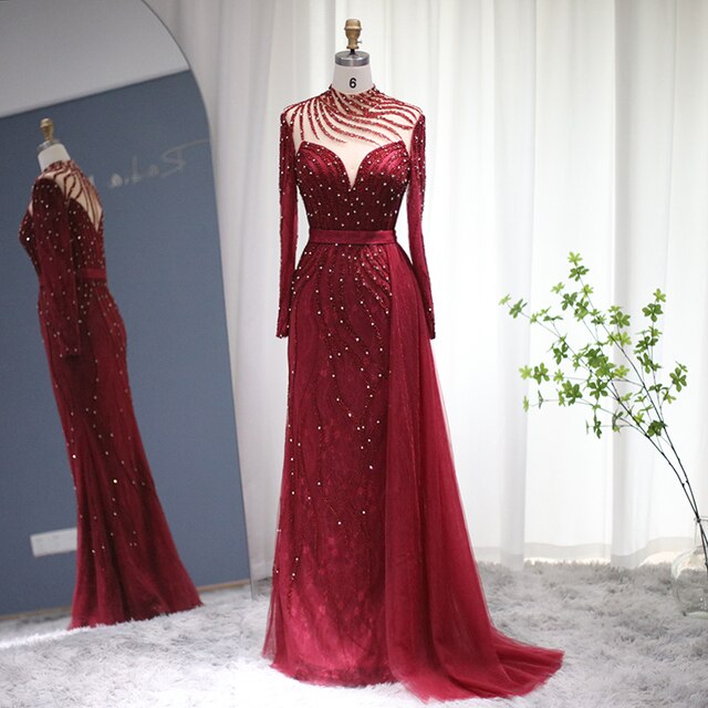 Luxury Navy Blue Mermaid Dubai Evening Dress with Detachable Skirt Long Sleeve Arabic Formal Gowns for Women Wedding Party SS526