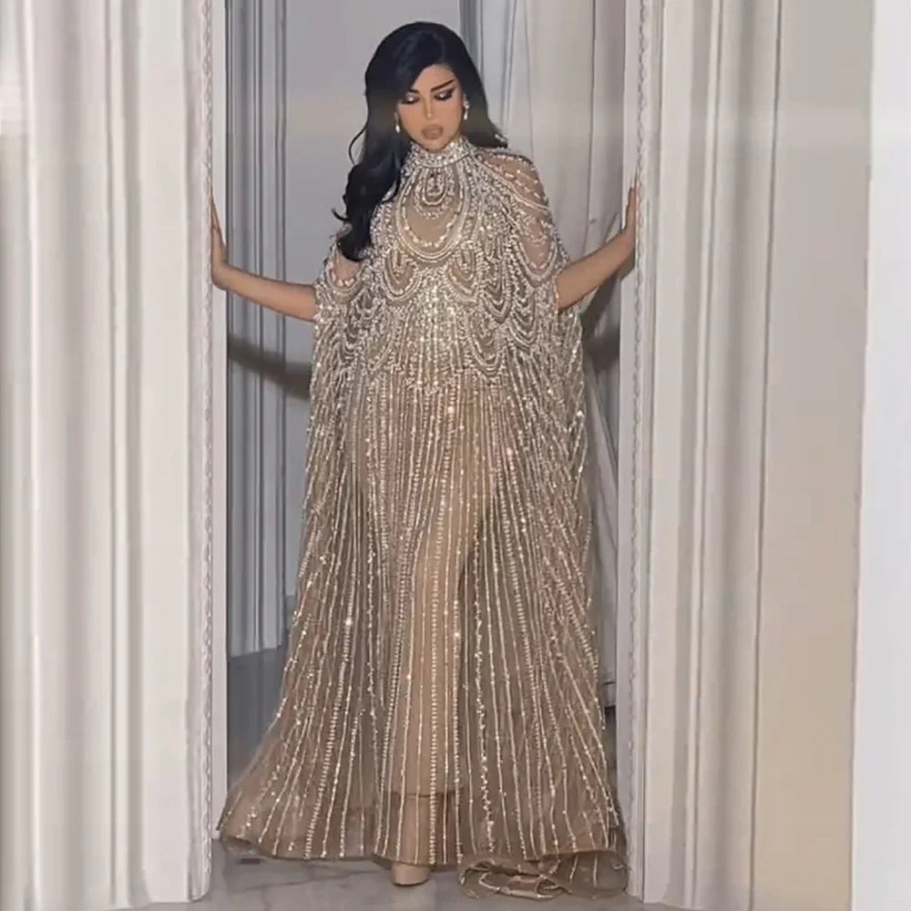 Luxury Nude Beaded High Neck 2 pieces Evening Dress SS080