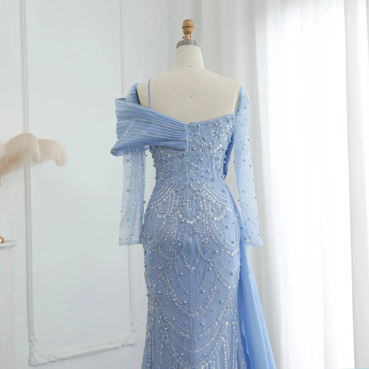 Luxury Nude Crystal Mermaid Evening Dress with Overskirt Long Sleeves Dubai Arabic Wedding Formal Prom Gowns SS256