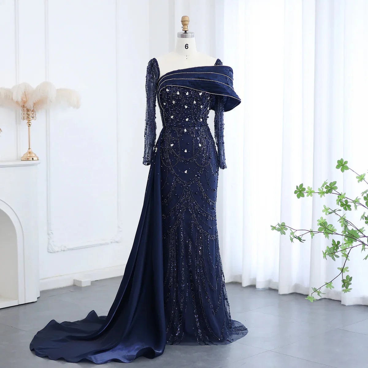 Luxury Nude Crystal Mermaid Evening Dress with Overskirt Long Sleeves Dubai Arabic Wedding Formal Prom Gowns SS256