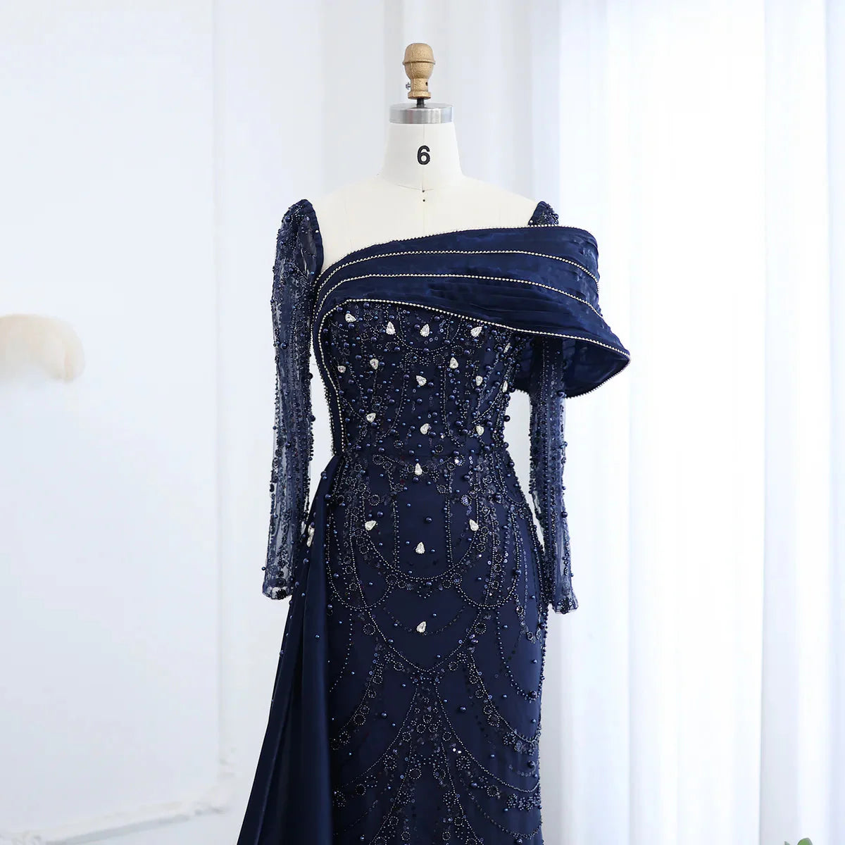 Luxury Nude Crystal Mermaid Evening Dress with Overskirt Long Sleeves Dubai Arabic Wedding Formal Prom Gowns SS256