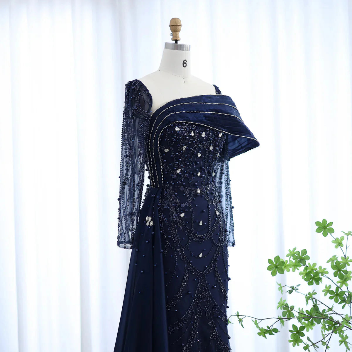 Luxury Nude Crystal Mermaid Evening Dress with Overskirt Long Sleeves Dubai Arabic Wedding Formal Prom Gowns SS256