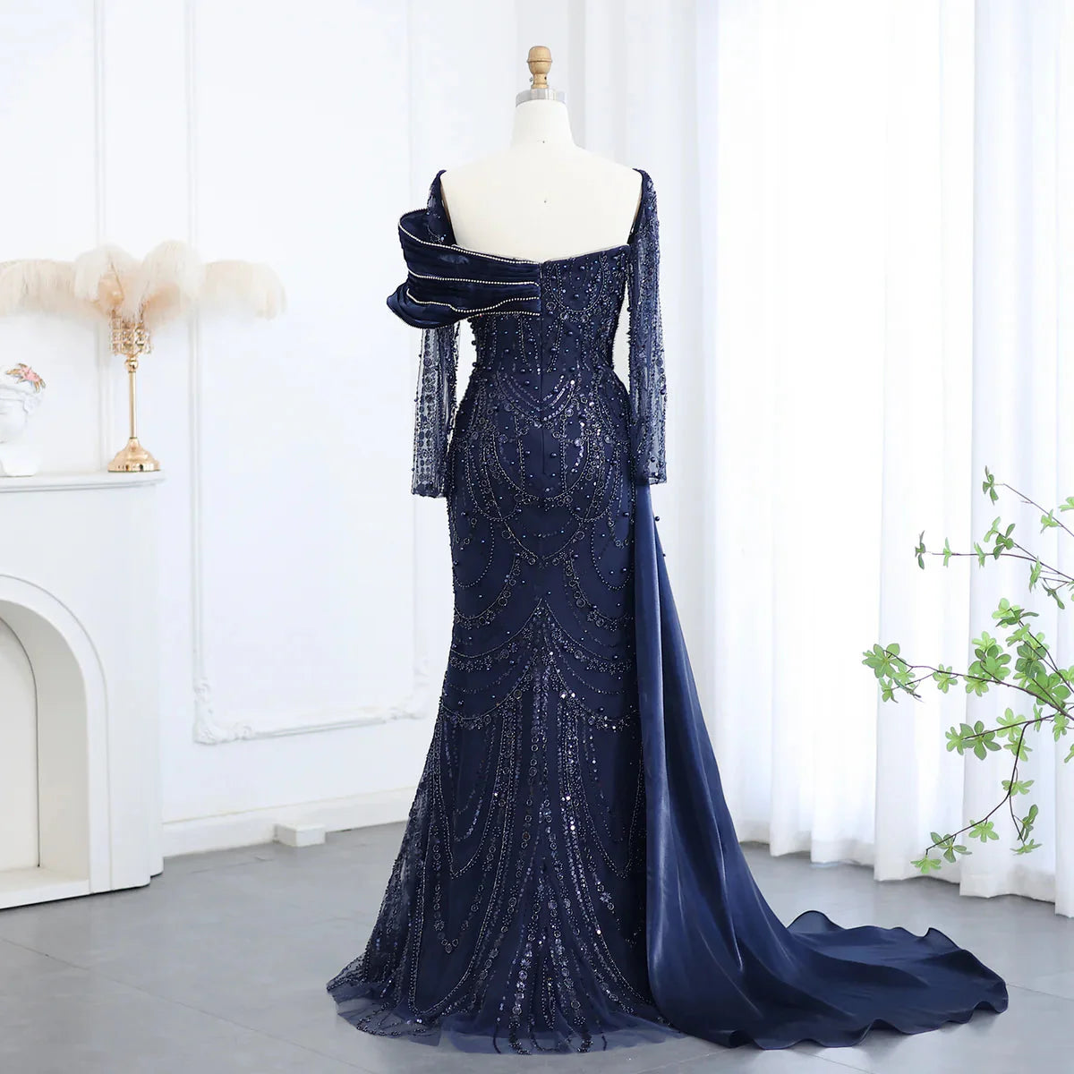 Luxury Nude Crystal Mermaid Evening Dress with Overskirt Long Sleeves Dubai Arabic Wedding Formal Prom Gowns SS256