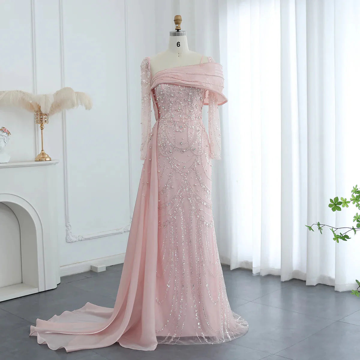 Luxury Nude Crystal Mermaid Evening Dress with Overskirt Long Sleeves Dubai Arabic Wedding Formal Prom Gowns SS256