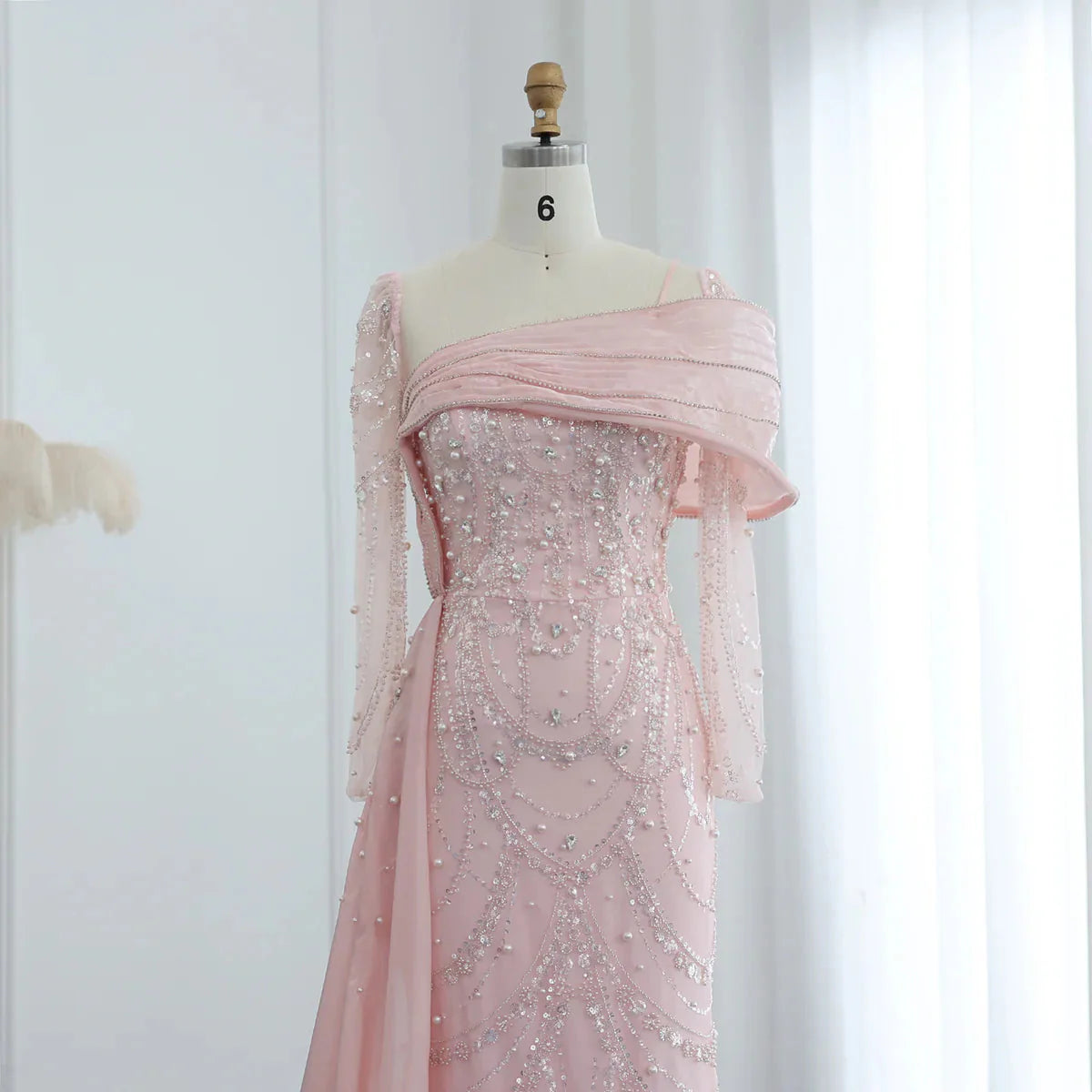 Luxury Nude Crystal Mermaid Evening Dress with Overskirt Long Sleeves Dubai Arabic Wedding Formal Prom Gowns SS256