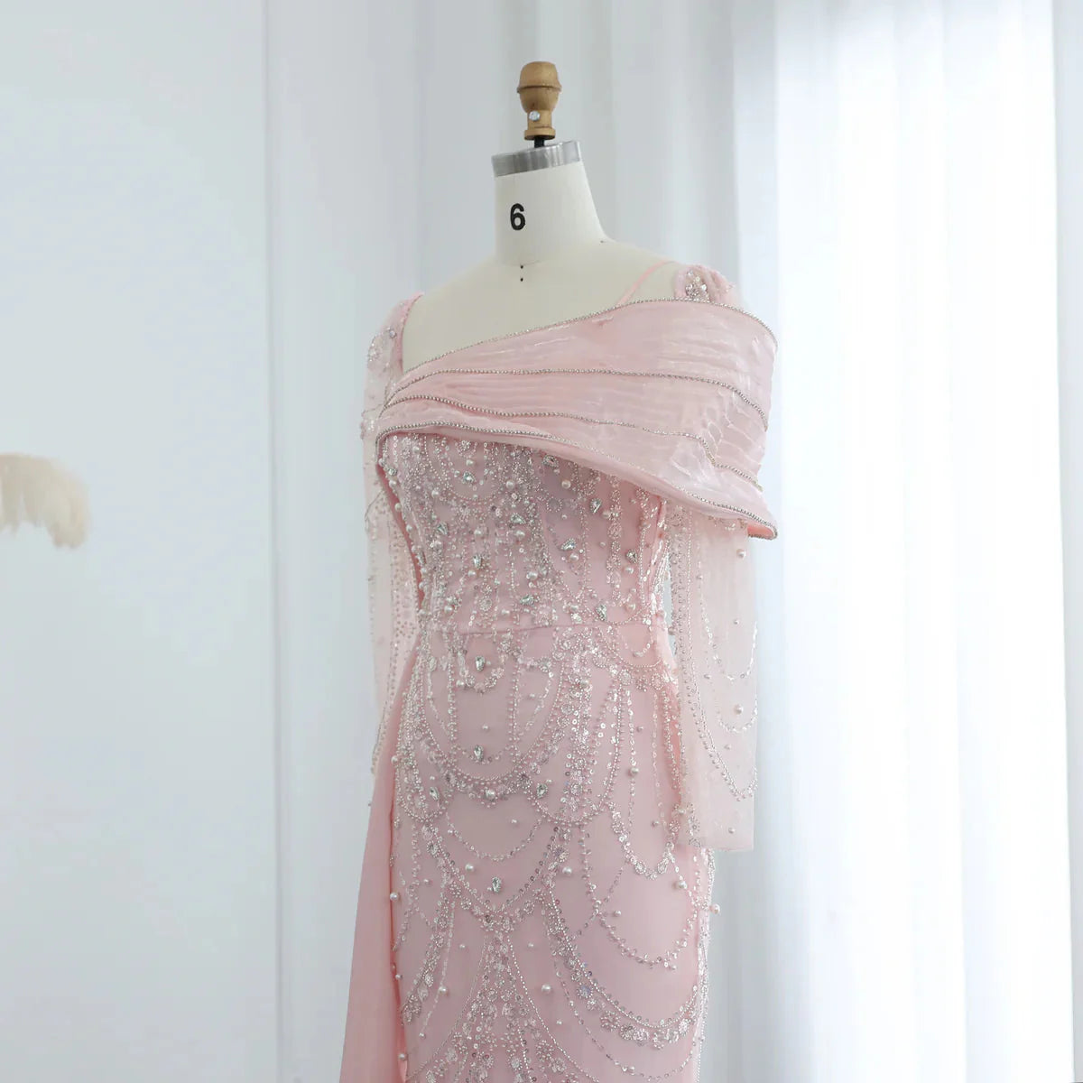 Luxury Nude Crystal Mermaid Evening Dress with Overskirt Long Sleeves Dubai Arabic Wedding Formal Prom Gowns SS256