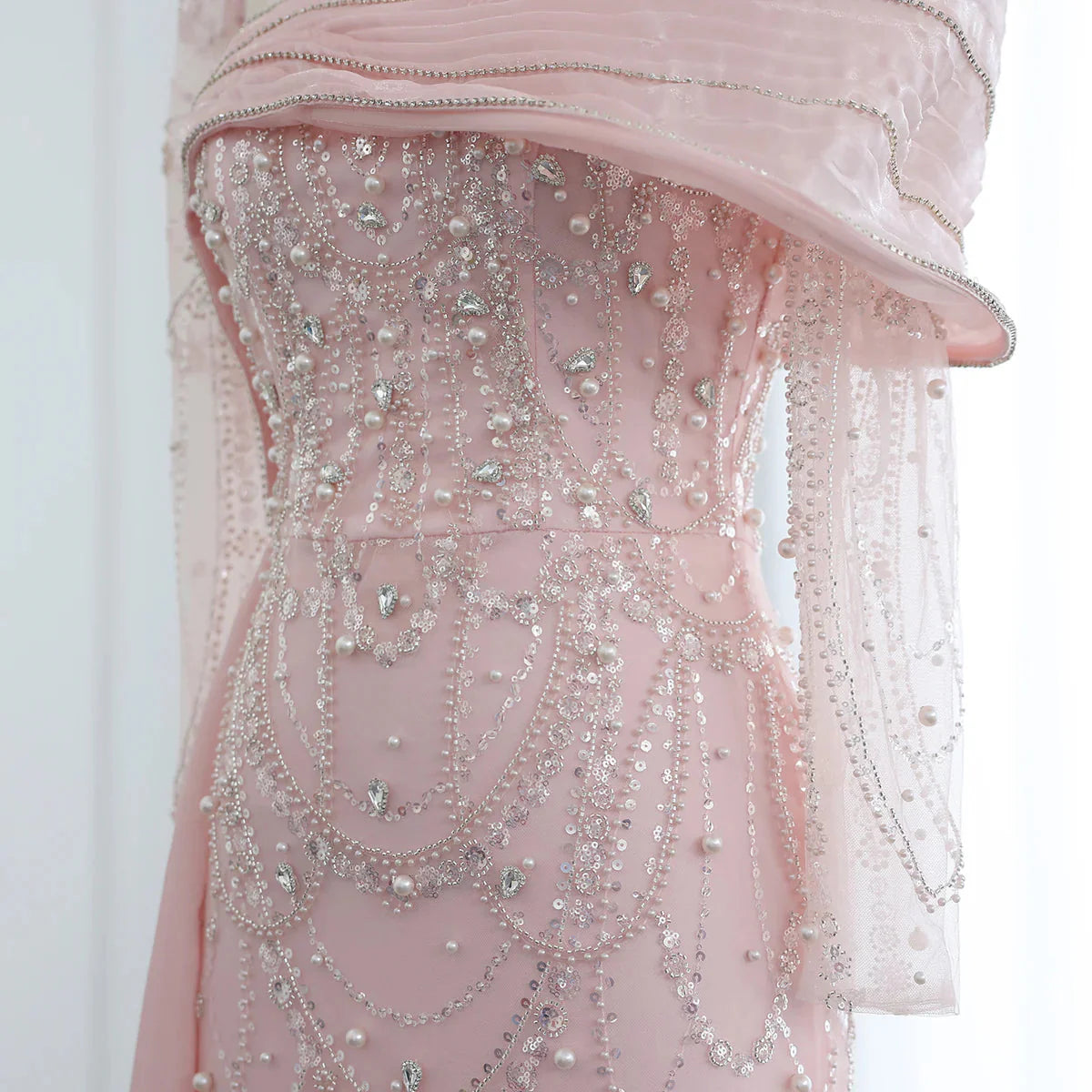 Luxury Nude Crystal Mermaid Evening Dress with Overskirt Long Sleeves Dubai Arabic Wedding Formal Prom Gowns SS256