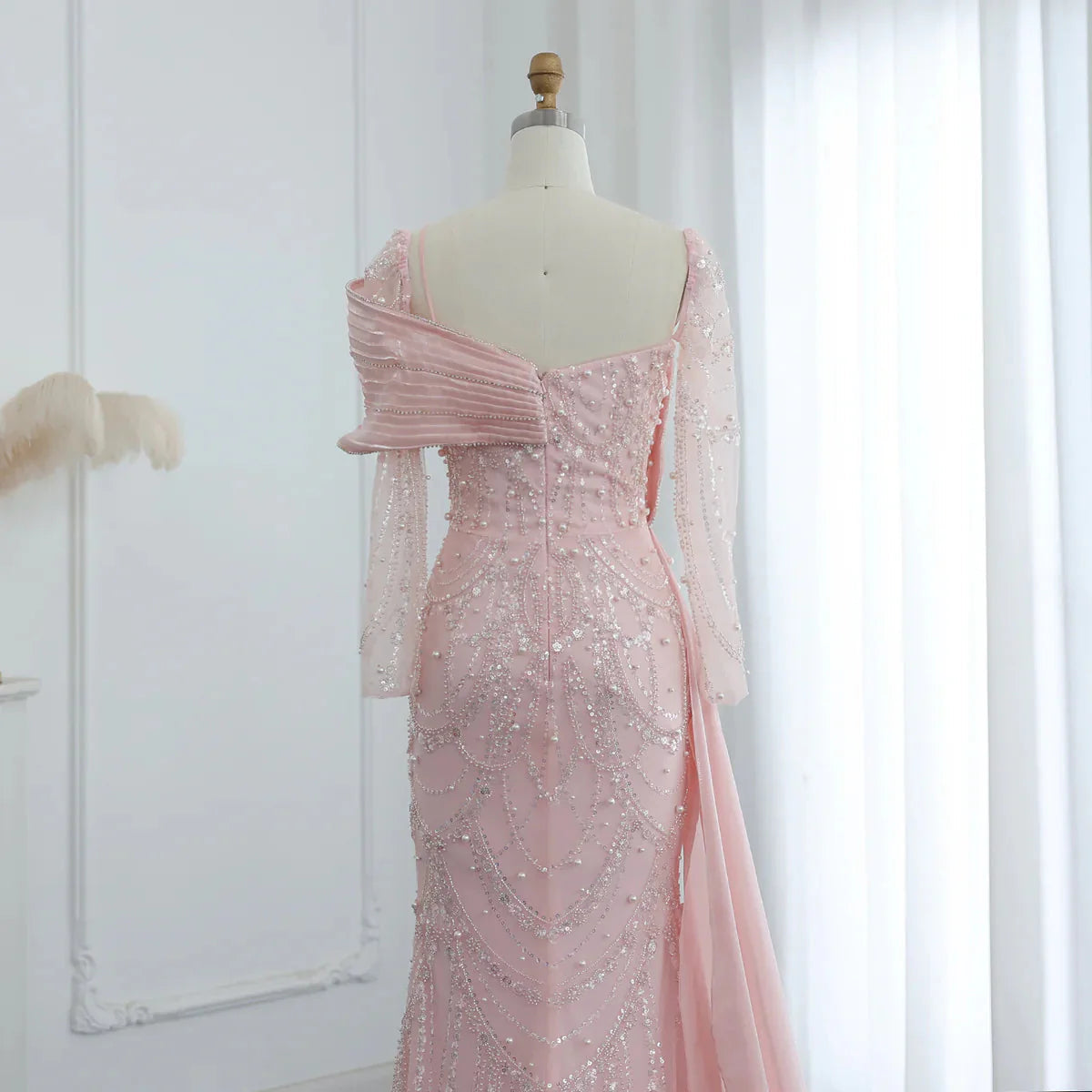 Luxury Nude Crystal Mermaid Evening Dress with Overskirt Long Sleeves Dubai Arabic Wedding Formal Prom Gowns SS256
