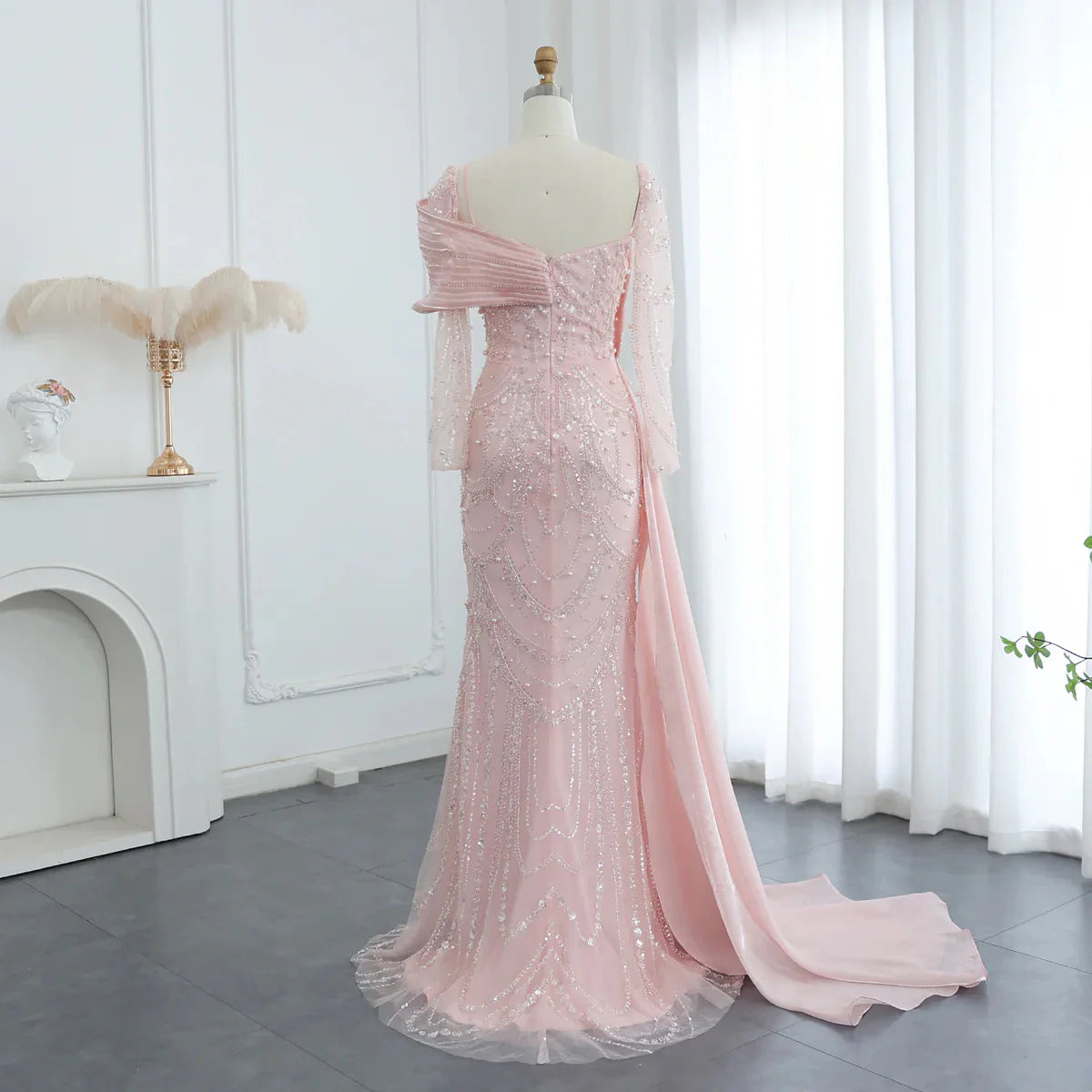 Luxury Nude Crystal Mermaid Evening Dress with Overskirt Long Sleeves Dubai Arabic Wedding Formal Prom Gowns SS256