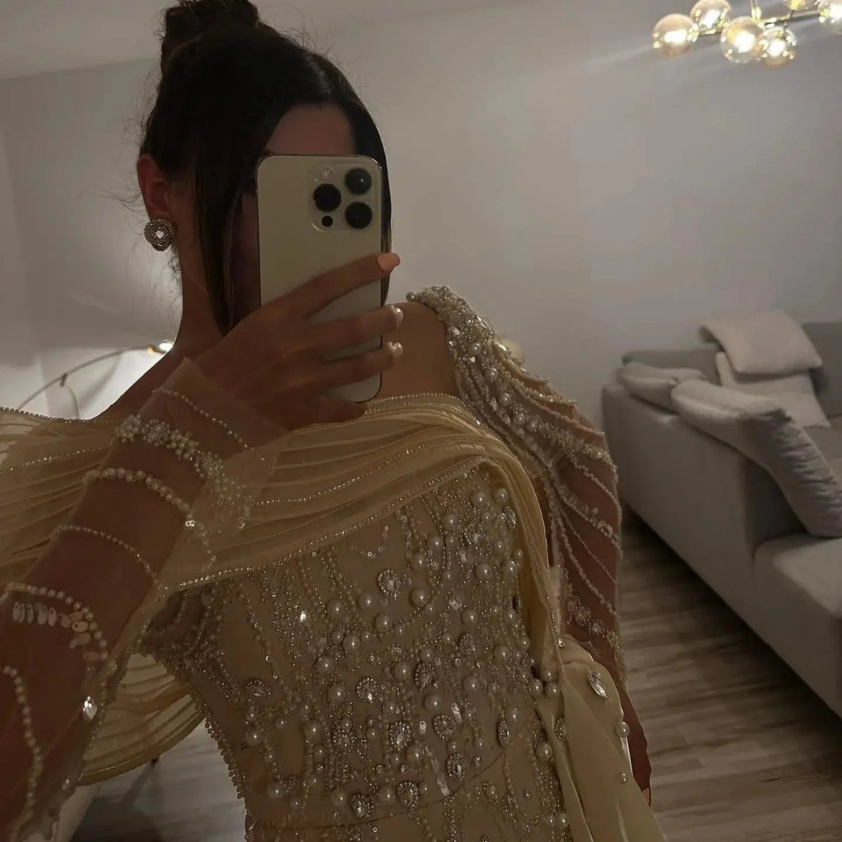 Luxury Nude Crystal Mermaid Evening Dress with Overskirt Long Sleeves Dubai Arabic Wedding Formal Prom Gowns SS256