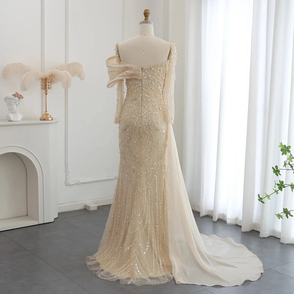 Luxury Nude Crystal Mermaid Evening Dress with Overskirt Long Sleeves Dubai Arabic Wedding Formal Prom Gowns SS256