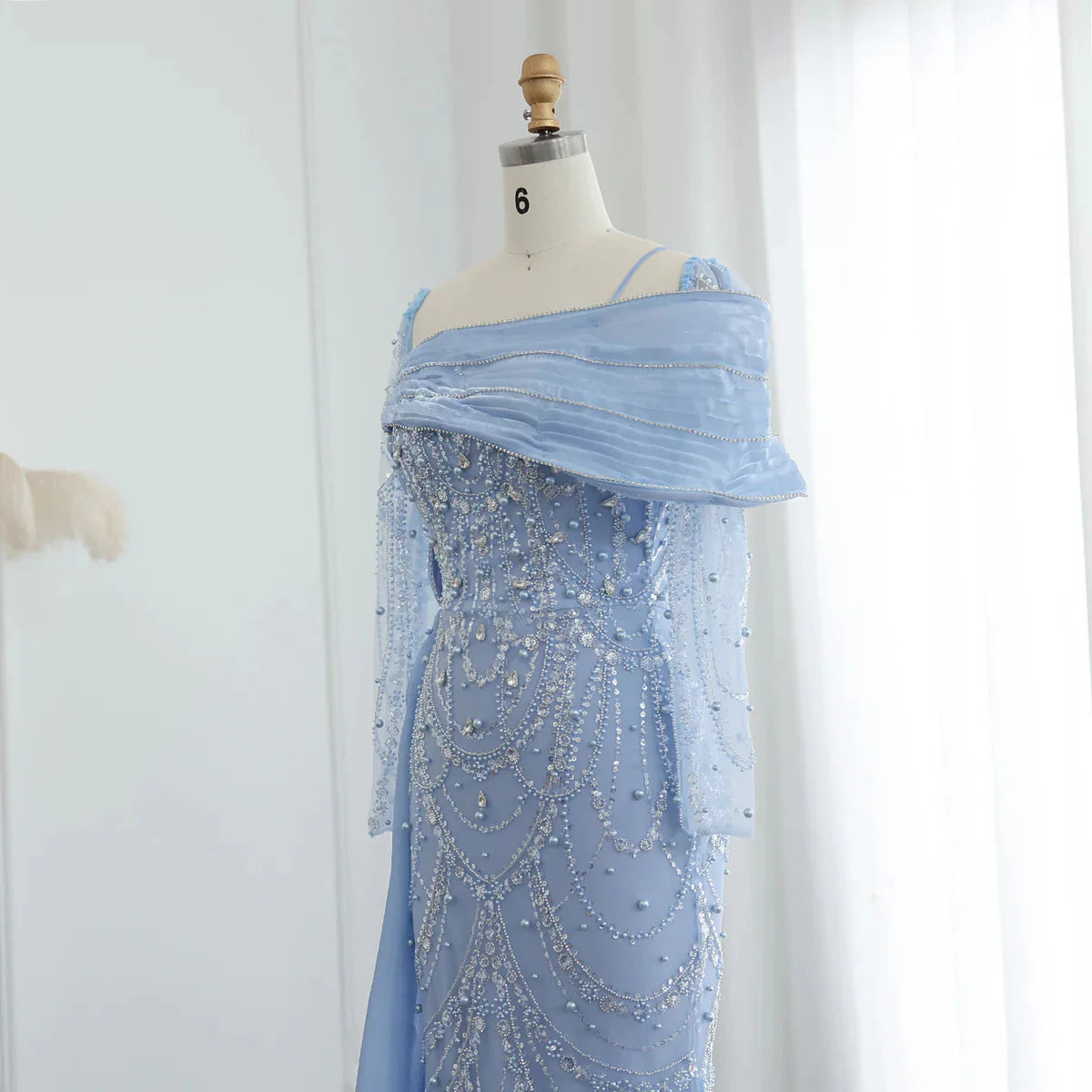 Luxury Nude Crystal Mermaid Evening Dress with Overskirt Long Sleeves Dubai Arabic Wedding Formal Prom Gowns SS256