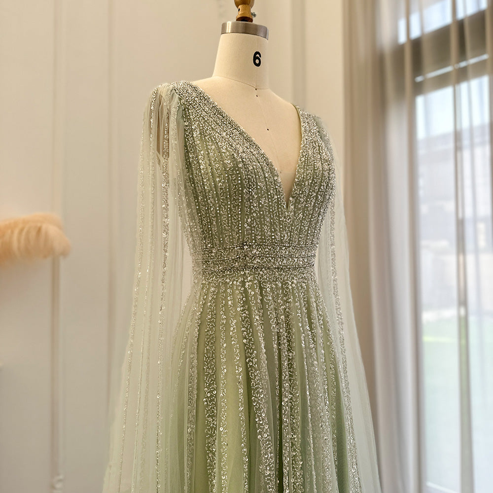 Luxury Nude Dubai Evening Dress with Cape Sleeves Blush Pink Arabic Formal Dresses for Women Wedding Party SS322