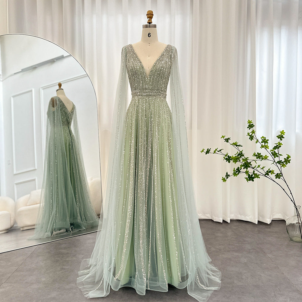 Luxury Nude Dubai Evening Dress with Cape Sleeves Blush Pink Arabic Formal Dresses for Women Wedding Party SS322