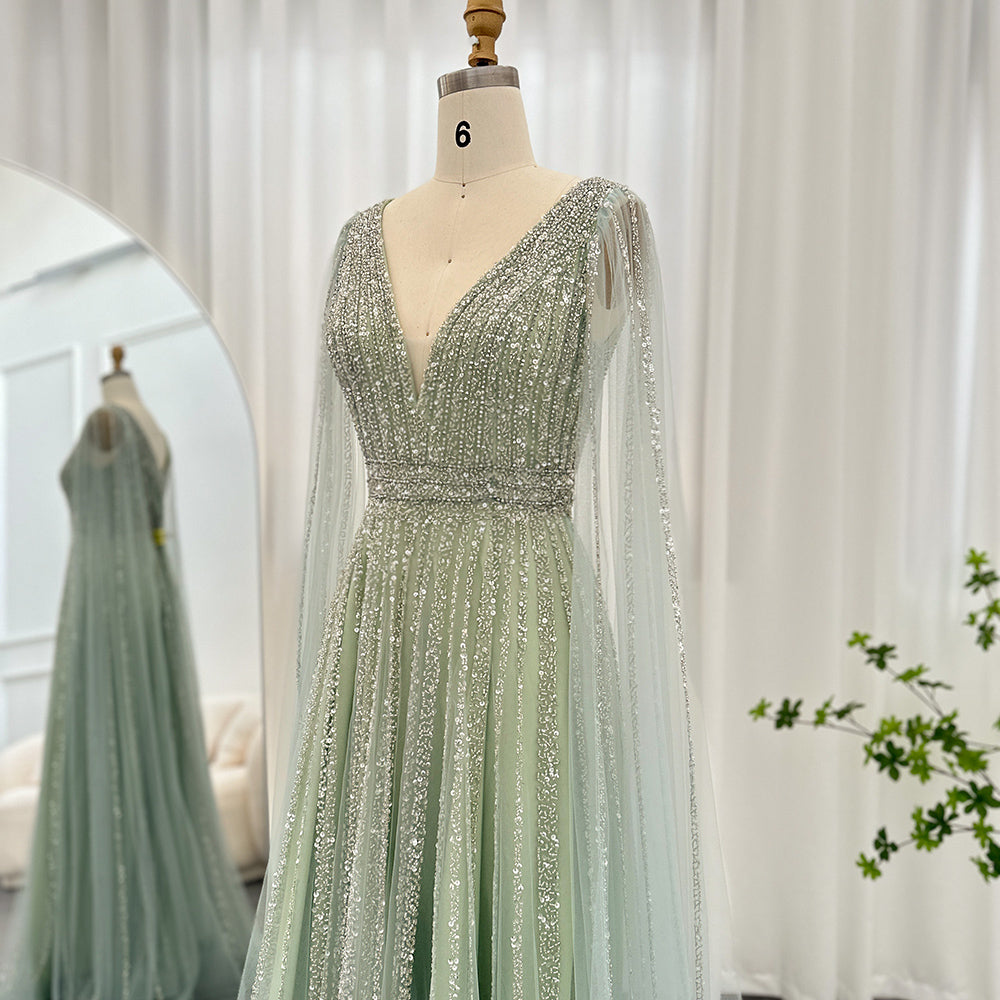 Luxury Nude Dubai Evening Dress with Cape Sleeves Blush Pink Arabic Formal Dresses for Women Wedding Party SS322