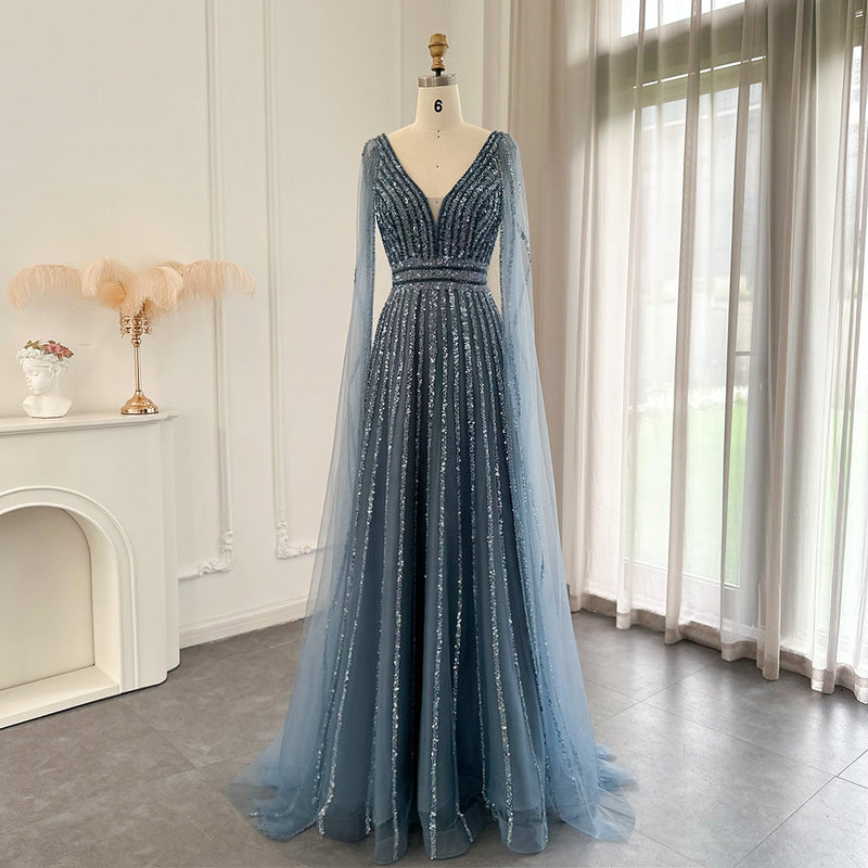 Luxury Nude Dubai Evening Dress with Cape Sleeves Blush Pink Arabic Formal Dresses for Women Wedding Party SS322