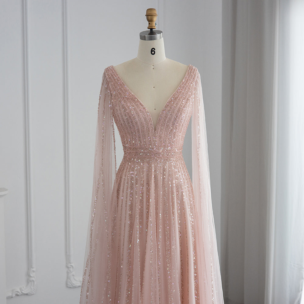 Luxury Nude Dubai Evening Dress with Cape Sleeves Blush Pink Arabic Formal Dresses for Women Wedding Party SS322