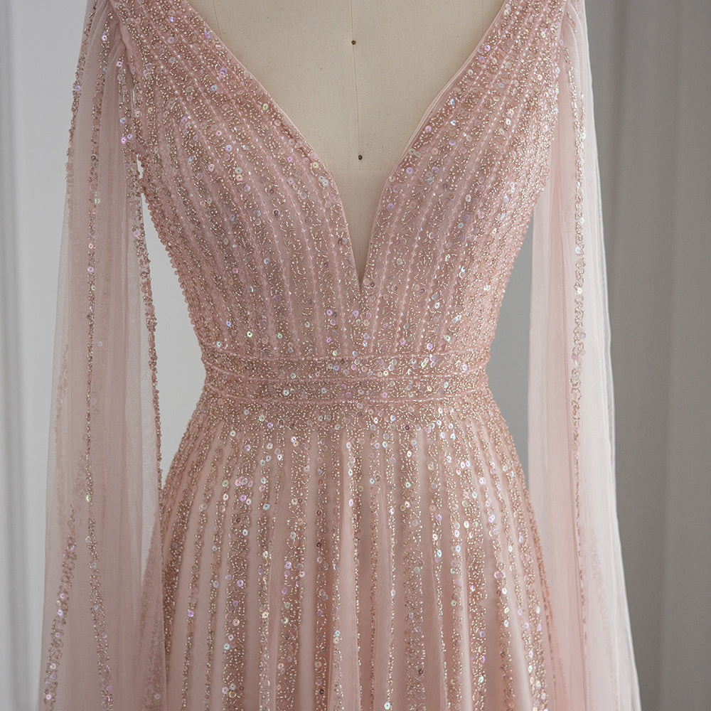 Luxury Nude Dubai Evening Dress with Cape Sleeves Blush Pink Arabic Formal Dresses for Women Wedding Party SS322