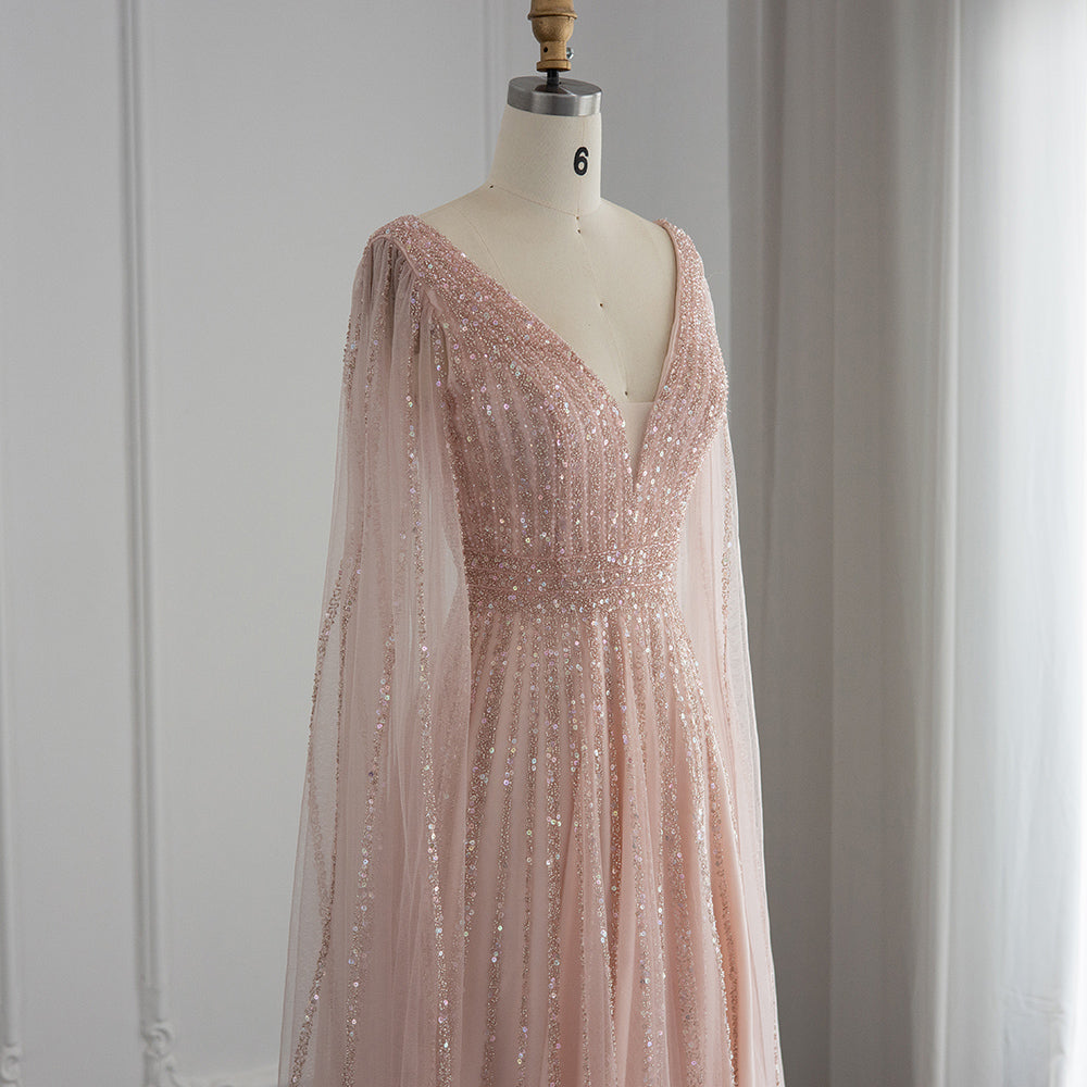 Luxury Nude Dubai Evening Dress with Cape Sleeves Blush Pink Arabic Formal Dresses for Women Wedding Party SS322