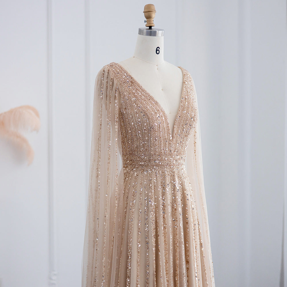 Luxury Nude Dubai Evening Dress with Cape Sleeves Blush Pink Arabic Formal Dresses for Women Wedding Party SS322