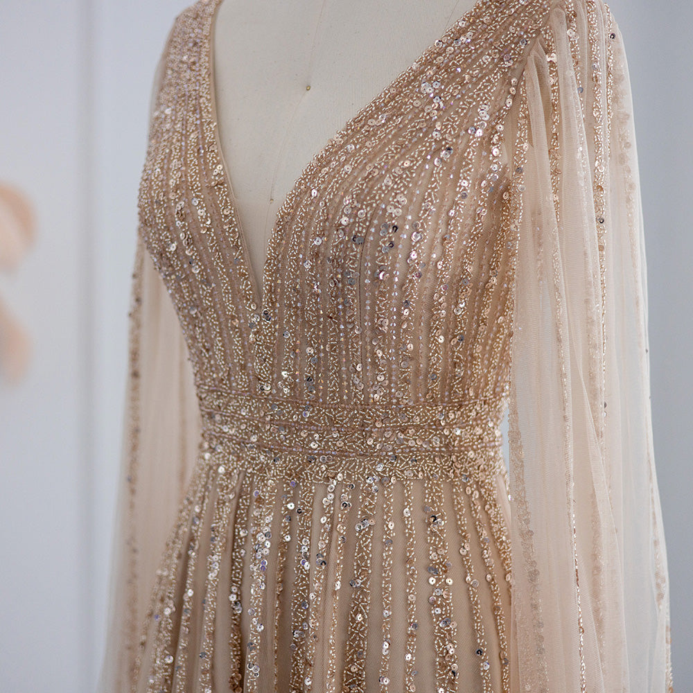 Luxury Nude Dubai Evening Dress with Cape Sleeves Blush Pink Arabic Formal Dresses for Women Wedding Party SS322